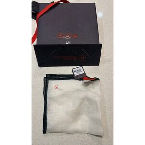 Isaia Napoli White Linen Pocket Square Black Border Coral Logo Made in Italy NWT